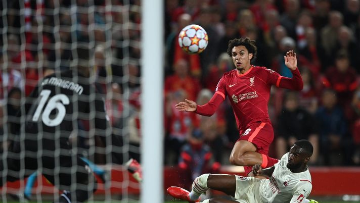 LIVERPOOL, ENGLAND - SEPTEMBER 15: Trent Alexander-Arnold of Liverpool scores their side's first goal during the UEFA Champions League group B match between Liverpool FC and AC Milan at Anfield on September 15, 2021 in Liverpool, England. (Photo by Shaun Botterill/Getty Images) 