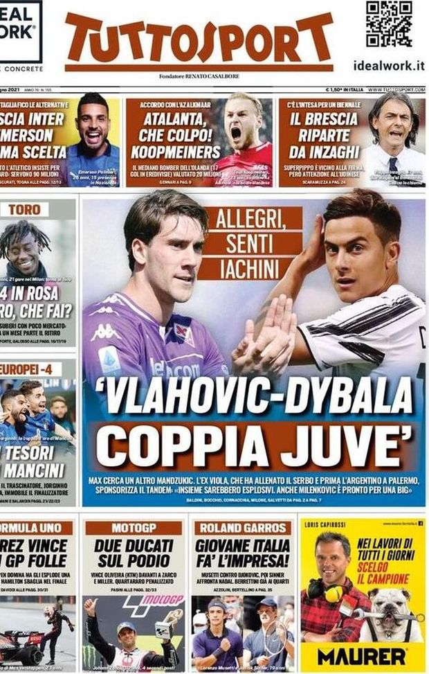 Prima Pagina, Tuttosport: “Vlahovic-Dybala, coppia Juve. Atalanta, che colpo!” 