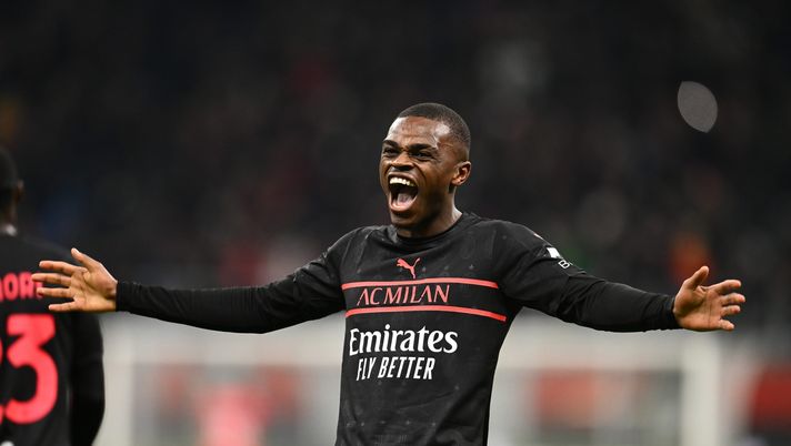 MILAN, ITALY - MARCH 12: Pierre Kalulu of AC Milan celebrates after scoring the opening goal during the Serie A match between AC Milan and Empoli FC at Stadio Giuseppe Meazza on March 12, 2022 in Milan, Italy. (Photo by Claudio Villa/AC Milan via Getty Images)