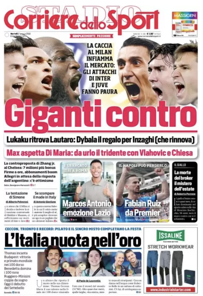 Prima Pagina, Corriere dello Sport: “Lukaku ritrova Lautaro. Max aspetta Di Maria”  prima pagina