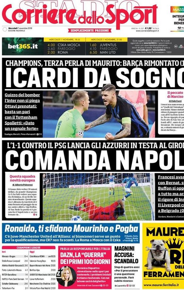 Prima Pagina, Corriere dello Sport: “Icardi da sogno. Comanda Napoli. Ronaldo, ti sfidano Mourinho e Pogba…” Prima Pagina, Corriere dello Sport: “Icardi da sogno. Comanda Napoli. Ronaldo, ti sfidano Mourinho e Pogba…”
