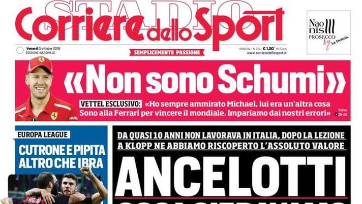 Prima Pagina, Corriere dello Sport: “Ancelotti, cosa c’eravamo persi. Altro che Ibra. La Roma rilancia. Il Ninja e Icardi…” Prima Pagina, Corriere dello Sport: “Ancelotti, cosa c’eravamo persi. Altro che Ibra. La Roma rilancia. Il Ninja e Icardi…”