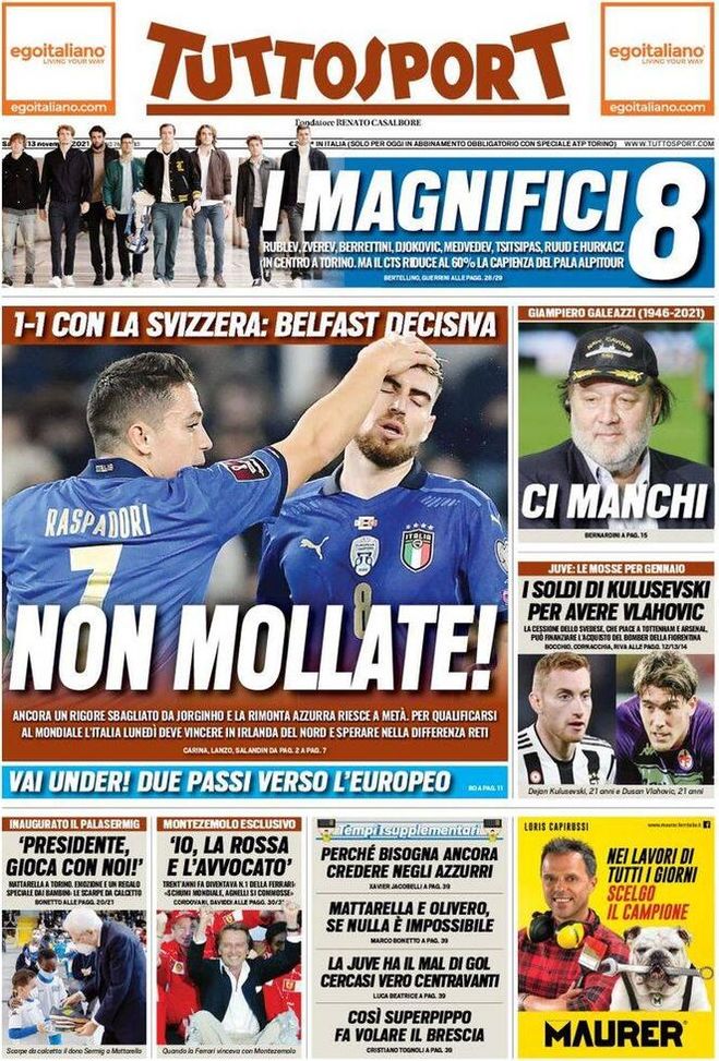 Prima Pagina, Tuttosport: “Non mollate! 1-1 con la Svizzera. Belfast decisiva” - immagine 1