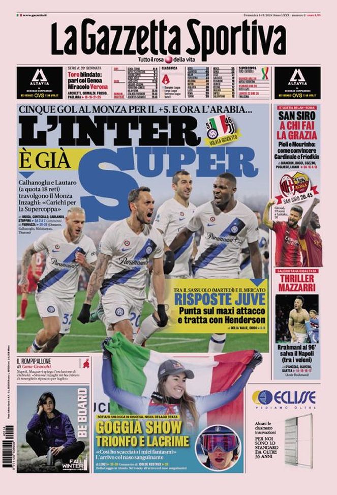 La Gazzetta dello Sport, la prima pagina di oggi, domenica 14 gennaio 2024