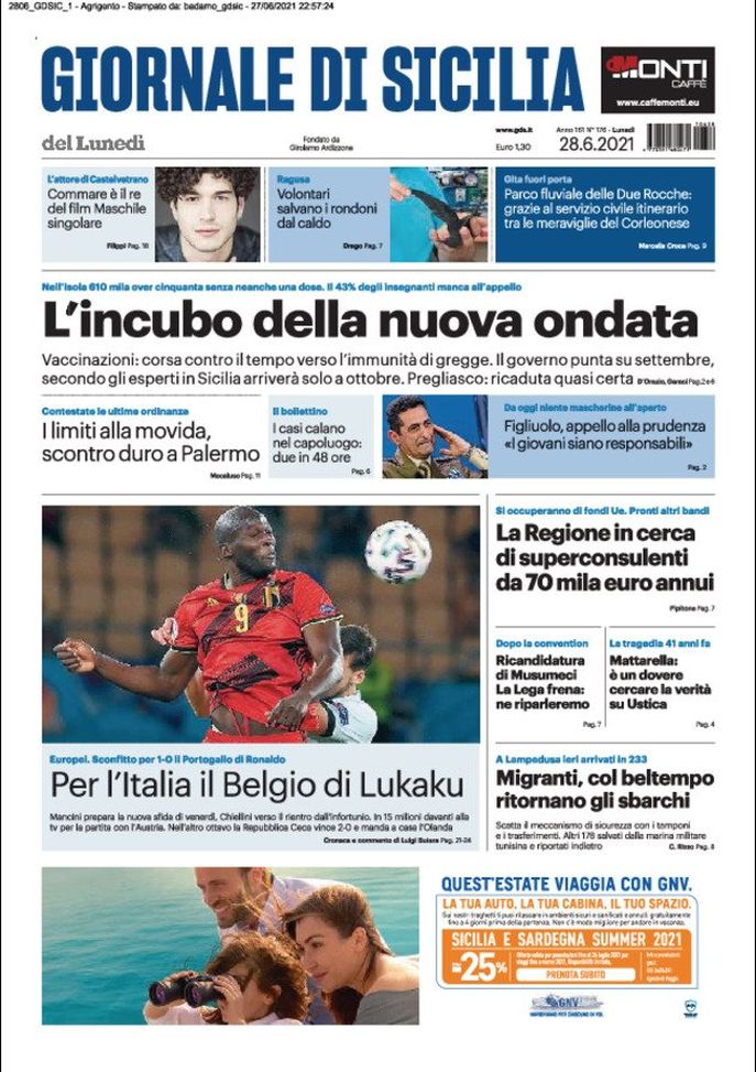 Prima Pagina, Giornale di Sicilia: “L’incubo della nuova ondata”  Prima Pagina, Giornale di Sicilia: “L’incubo della nuova ondata”