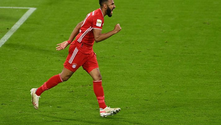 MUNICH, GERMANY - APRIL 20: Eric Maxim Choupo-Moting of FC Bayern Muenchen celebrates after scoring their team's first goal during the Bundesliga match between FC Bayern Muenchen and Bayer 04 Leverkusen at Allianz Arena on April 20, 2021 in Munich, Germany. Sporting stadiums around Germany remain under strict restrictions due to the Coronavirus Pandemic as Government social distancing laws prohibit fans inside venues resulting in games being played behind closed doors. (Photo by Christof Stache - Pool/Getty Images) MUNICH, GERMANY - APRIL 20: Eric Maxim Choupo-Moting of FC Bayern Muenchen celebrates after scoring their team's first goal during the Bundesliga match between FC Bayern Muenchen and Bayer 04 Leverkusen at Allianz Arena on April 20, 2021 in Munich, Germany. Sporting stadiums around Germany remain under strict restrictions due to the Coronavirus Pandemic as Government social distancing laws prohibit fans inside venues resulting in games being played behind closed doors. (Photo by Christof Stache - Pool/Getty Images)