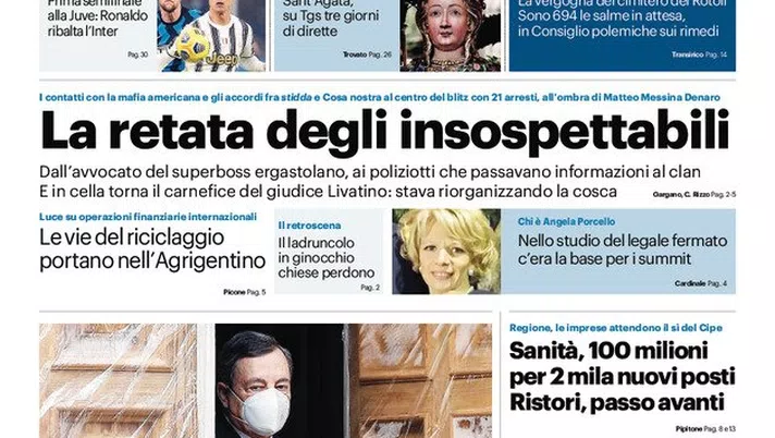 Prima Pagina, Giornale di Sicilia: &#8220;Mafia, la retata degli insospettabili. Politica in tilt, tocca a Draghi&#8221;