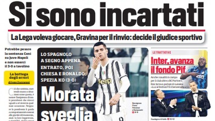 Prima Pagina, Corriere dello Sport: “Si sono incartati. Morata sveglia la Juve. Inter, avanza il fondo Pif”  Prima Pagina, Corriere dello Sport: “Si sono incartati. Morata sveglia la Juve. Inter, avanza il fondo Pif”