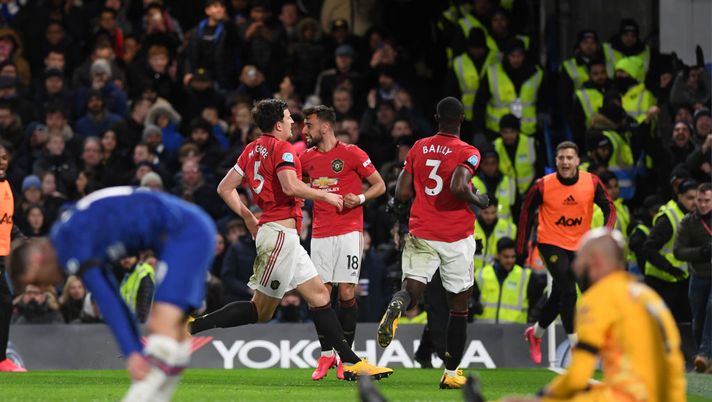 LONDON, ENGLAND - FEBRUARY 17: Harry Maguire of Manchester United celebrates after scoring his sides second goal during the Premier League match between Chelsea FC and Manchester United at Stamford Bridge on February 17, 2020 in London, United Kingdom. (Photo by Shaun Botterill/Getty Images) LONDON, ENGLAND - FEBRUARY 17: Harry Maguire of Manchester United celebrates after scoring his sides second goal during the Premier League match between Chelsea FC and Manchester United at Stamford Bridge on February 17, 2020 in London, United Kingdom. (Photo by Shaun Botterill/Getty Images)