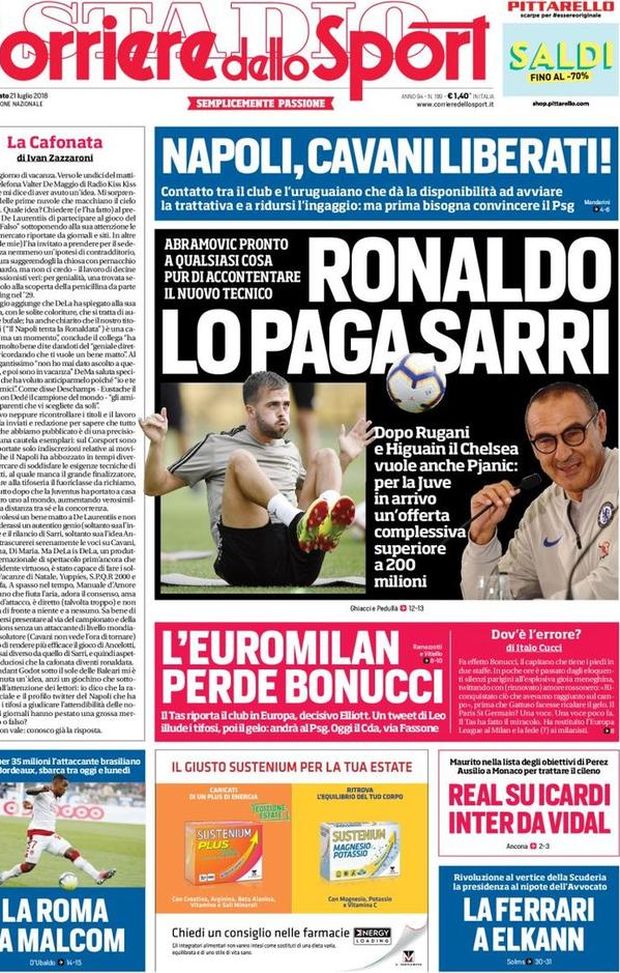 Prima Pagina, Corriere dello Sport: “Ronaldo lo paga Sarri. Napoli, Cavani liberati! Real su Icardi, Inter da Vidal…” Prima Pagina, Corriere dello Sport: “Ronaldo lo paga Sarri. Napoli, Cavani liberati! Real su Icardi, Inter da Vidal…”