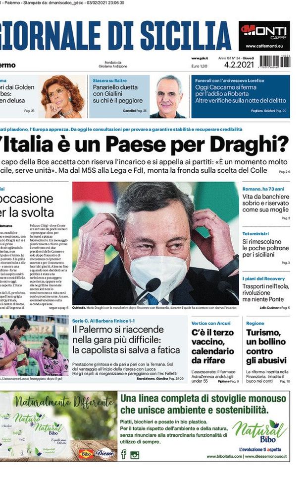 Prima Pagina, Giornale di Sicilia: “L’Italia è un Paese per Draghi? Il Palermo si riaccende nella gara più difficile” 