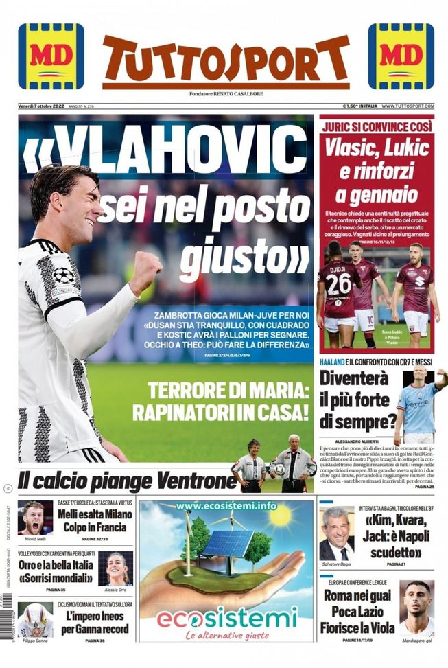 Prima Pagina Tuttosport “zambrotta ‘vlahovic Sei Nel Posto Giusto