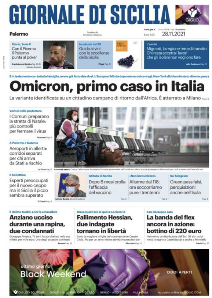 Prima Pagina, Giornale di Sicilia: &#8220;Omicron, 1° caso italiano. Aeroporti in allerta&#8221; 