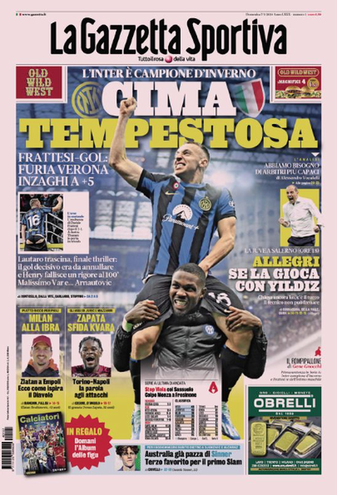 La prima pagina de La Gazzetta dello Sport 07-01-2024