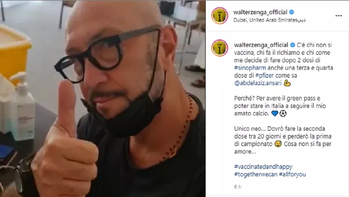 Calcio e Coronavirus, Zenga &#8220;raddoppia&#8221; i vaccini: &#8220;Cosa non si fa per amore&#8221;