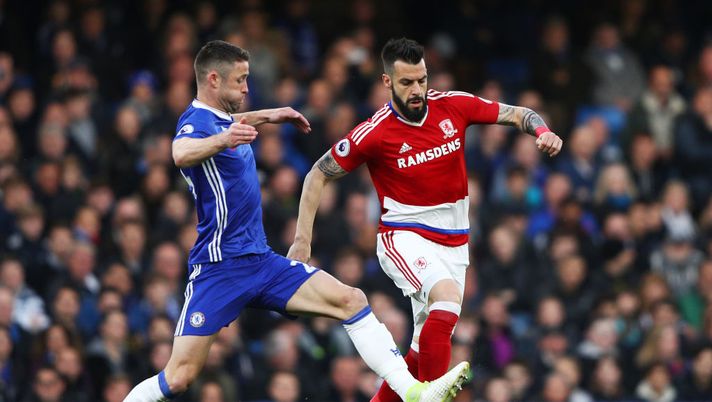LONDON, ENGLAND - MAY 08: Alvaro Negredo of Middlesbrough and Gary Cahill of Chelsea in action during the Premier League match between Chelsea and Middlesbrough at Stamford Bridge on May 8, 2017 in London, England. (Photo by Ian Walton/Getty Images) LONDON, ENGLAND - MAY 08: Alvaro Negredo of Middlesbrough and Gary Cahill of Chelsea in action during the Premier League match between Chelsea and Middlesbrough at Stamford Bridge on May 8, 2017 in London, England. (Photo by Ian Walton/Getty Images)
