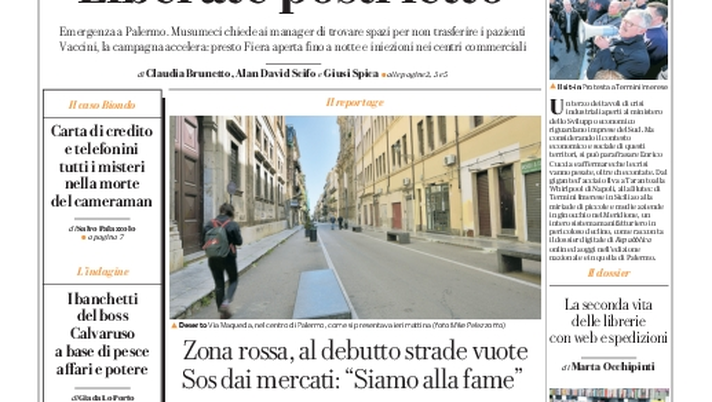 Prima Pagina, La Repubblica-Palermo: &#8220;Ospedali quasi saturi. Zona rossa, al debutto strade vuote&#8221; 