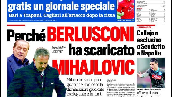 Prima Pagina, Corriere dello Sport: “Perché Berlusconi ha scaricato Mihajlovic. Juve, ecco una svolta. Capello per Conte, morto un Papa…” Prima Pagina, Corriere dello Sport: “Perché Berlusconi ha scaricato Mihajlovic. Juve, ecco una svolta. Capello per Conte, morto un Papa…”