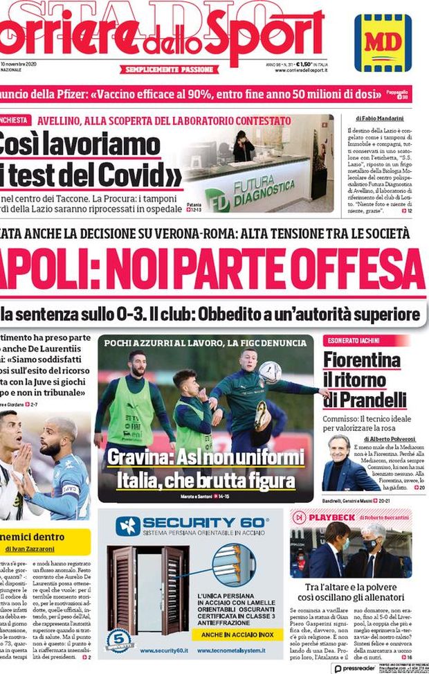 La prima pagina del Corriere dello Sport, in edicola oggi, 10 novembre 2020 