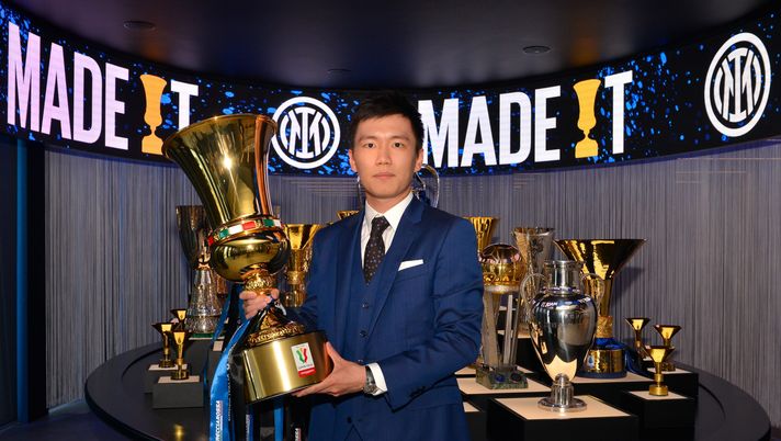 MILAN, ITALY - MAY 12: President of FC Internazionale Steven Zhang poses for a picture with the Coppa Italia Frecciarossa 2021/2022 at FC Internazionale Headquarters on May 12, 2022 in Milan, Italy. (Photo by Mattia Pistoia - Inter/Inter via Getty Images)