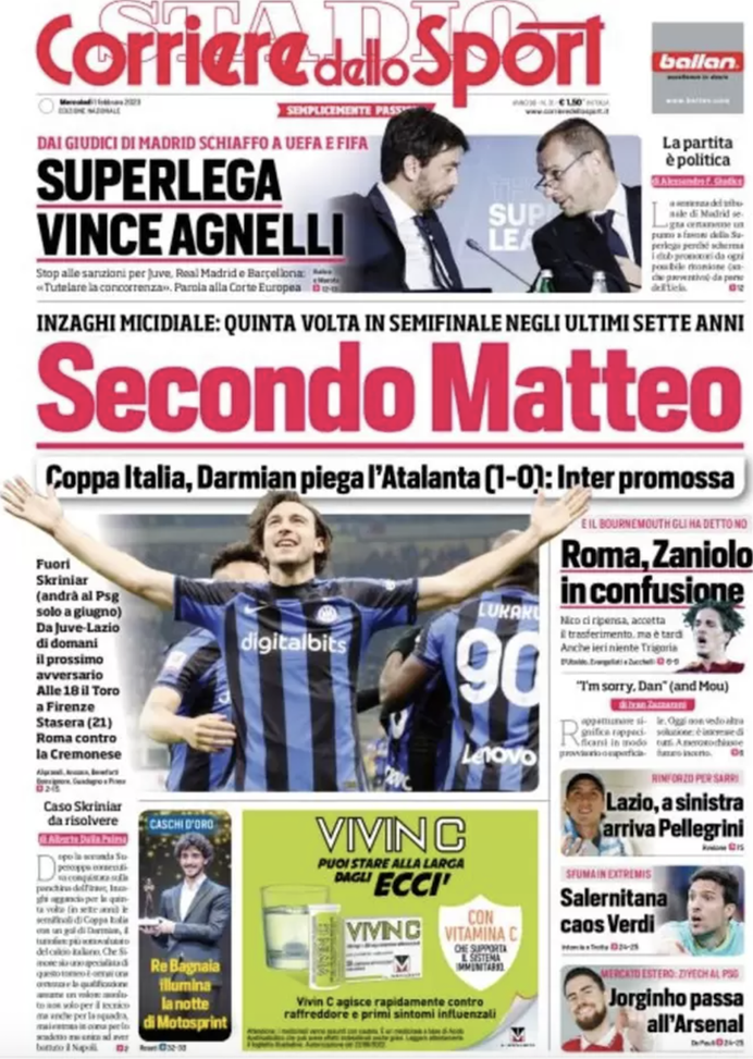 EDICOLA CDS – Secondo Matteo: Darmian piega l’Atalanta, Inter promossa - immagine 1