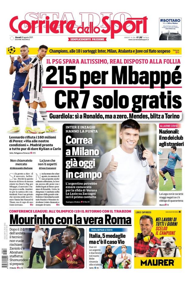 Prima Pagina, Corriere dello Sport: “215 per Mbappé, CR7 solo gratis“ 