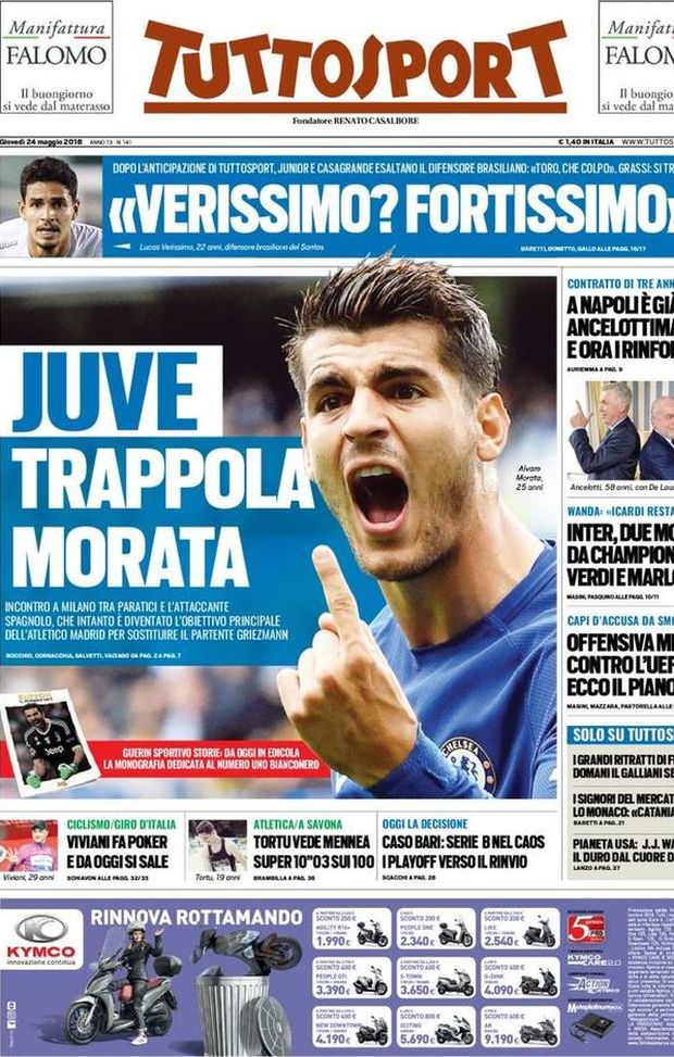 Prima Pagina, Tuttosport: “Juve, trappola Morata. ‘Verissimo? Fortissimo’. A Napoli è Ancelottimania. Caso Bari: Serie B nel caos…” Prima Pagina, Tuttosport: “Juve, trappola Morata. ‘Verissimo? Fortissimo’. A Napoli è Ancelottimania. Caso Bari: Serie B nel caos…”