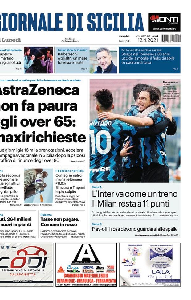 Prima Pagina, Giornale di Sicilia: “AstraZeneca non fa paura agli over 65, maxirichieste&#8221; 