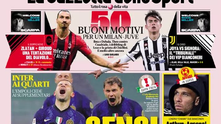 Prima Pagina, La Gazzetta dello Sport: “Sensi di Coppa. Arthur-Arsenal, Ramsey-Palace” - immagine 1