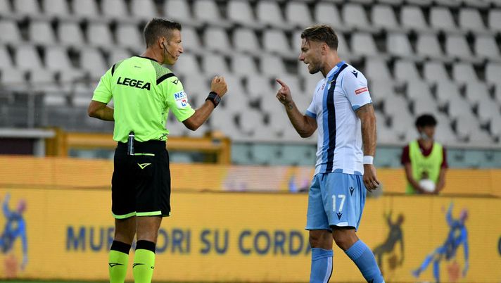 TURIN, ITALY - JUNE 30: The referee Davide Massa and Ciro Immobile of SS Lazio  during the Serie A match between Torino FC and  SS Lazio at Stadio Olimpico di Torino on June 30, 2020 in Turin, Italy. (Photo by Marco Rosi - SS Lazio/Getty Images) 