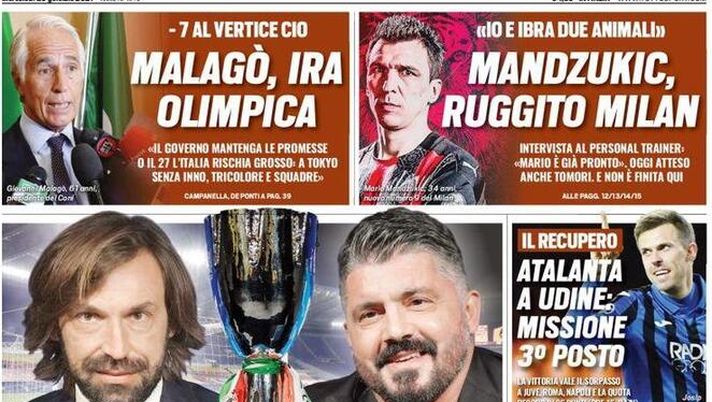 Prima Pagina, Tuttosport: &#8220;Juve rischiatutto! Mandzukic, ruggito Milan. Atalanta missione 3° posto” 