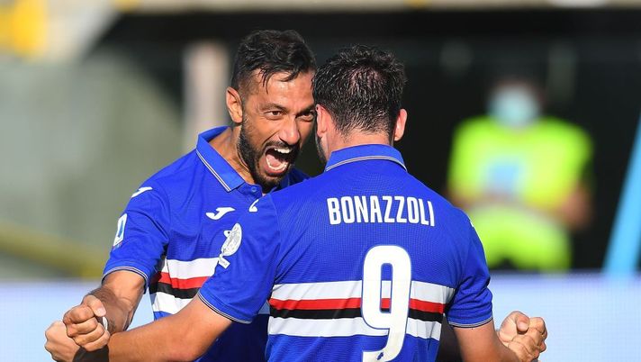 PARMA, ITALY - JULY 19: Federico Bonazzoli of UC Sampdoria  celebrates after scoring his team third goal during the Serie A match between Parma Calcio and UC Sampdoria at Stadio Ennio Tardini on July 19, 2020 in Parma, Italy.  (Photo by Alessandro Sabattini/Getty Images) 
