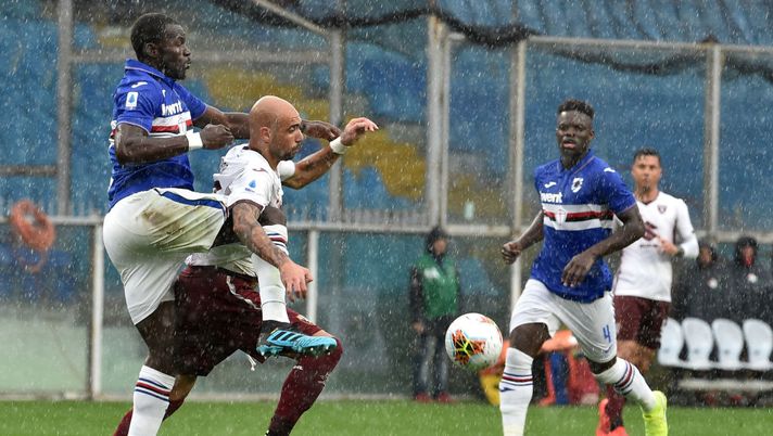 GENOA, ITALY - SEPTEMBER 22: Omar Colley of UC Sampdoria and Simone Zaza of Torino FC during the Serie A match between UC Sampdoria and Torino FC at Stadio Luigi Ferraris on September 22, 2019 in Genoa, Italy. (Photo by Paolo Rattini/Getty Images) GENOA, ITALY - SEPTEMBER 22: Omar Colley of UC Sampdoria and Simone Zaza of Torino FC during the Serie A match between UC Sampdoria and Torino FC at Stadio Luigi Ferraris on September 22, 2019 in Genoa, Italy. (Photo by Paolo Rattini/Getty Images)