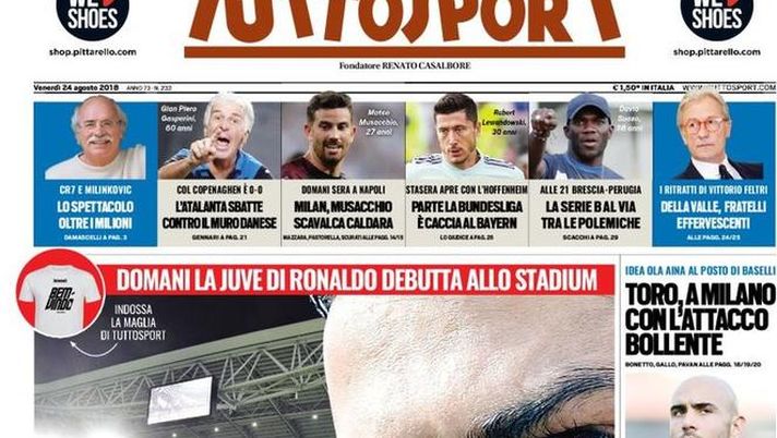 Prima Pagina, Tuttosport: &#8220;CR7, questa è casa tua. Musacchio scavalca Caldara. Keita scalpita&#8230;&#8221; 