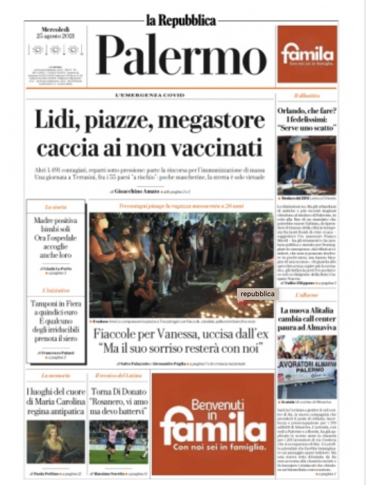Prima Pagina, La Repubblica Palermo: “Lidi,piazze,megastore caccia ai non vaccinati” Prima Pagina, La Repubblica Palermo: “Lidi,piazze,megastore caccia ai non vaccinati”