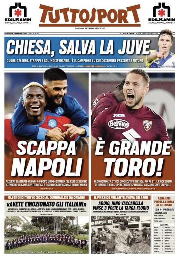 Prima Pagina, Tuttosport: “Chiesa salva la Juve, è grande Toro. Scappa Napoli” 