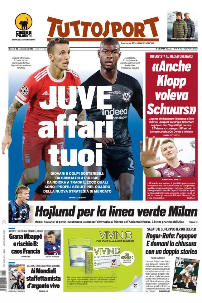 Tuttosport, la prima pagina di oggi, giovedì 22 settembre 2022