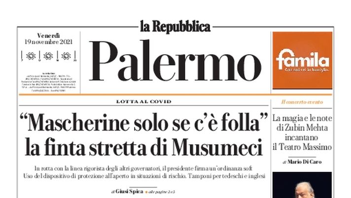 Prima Pagina, La Repubblica-Palermo: “Mascherine solo se c’è folla” Prima Pagina