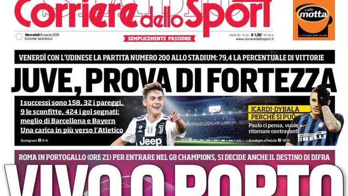 Prima Pagina, Corriere dello Sport: &#8220;Vivo o Porto. Juve, prova di fortezza. Napoli, la trappola Var&#8230;&#8221; 