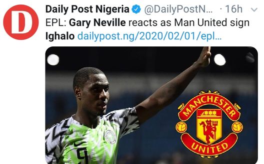 Anche sui social africani fa notizia la "disperazione" di Neville per l'arrivo di Ighalo al Manchester United Anche sui social africani fa notizia la "disperazione" di Neville per l'arrivo di Ighalo al Manchester United