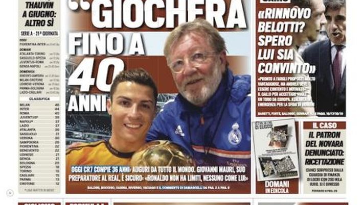 Prima Pagina, Tuttosport: “Ronaldo fino a 40 anni! Torino, il rinnovo di Belotti e le idee di Cairo&#8221; 