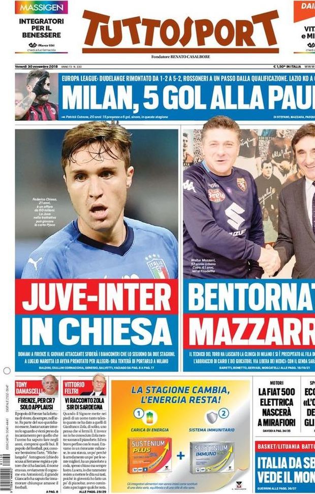 Prima Pagina, Tuttosport: “Juve-Inter in Chiesa. Bentornato Mazzarri! Milan, 5 gol alla paura. Lazio…” Prima Pagina, Tuttosport: “Juve-Inter in Chiesa. Bentornato Mazzarri! Milan, 5 gol alla paura. Lazio…”