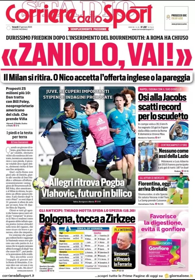 Prima pagina Corriere dello Sport 27-01-2023