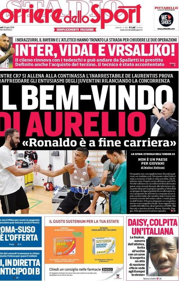 Prima Pagina, Corriere dello Sport: “Il Bem-Vindo di Aurelio. Inter, Vidal e Vrsaljko! Daisy, colpita un’italiana…” Prima Pagina, Corriere dello Sport: “Il Bem-Vindo di Aurelio. Inter, Vidal e Vrsaljko! Daisy, colpita un’italiana…”