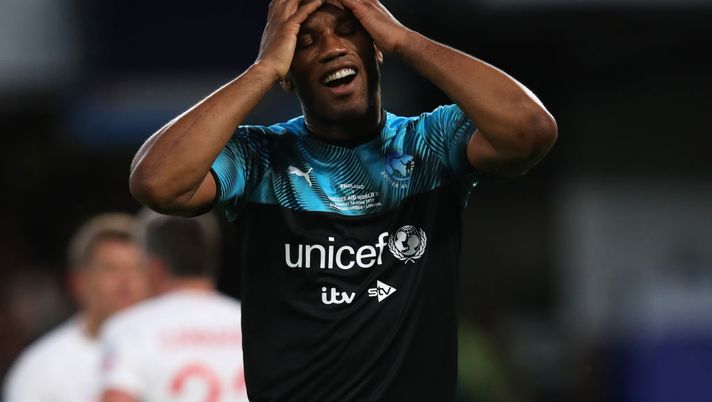 LONDON, ENGLAND - JUNE 16: Didier Drogba of Soccer Aid World XI reacts during the Soccer Aid for UNICEF 2019 match between England and the Soccer Aid World XI at Stamford Bridge on June 16, 2019 in London, England. (Photo by Alex Pantling/Getty Images) LONDON, ENGLAND - JUNE 16: Didier Drogba of Soccer Aid World XI reacts during the Soccer Aid for UNICEF 2019 match between England and the Soccer Aid World XI at Stamford Bridge on June 16, 2019 in London, England. (Photo by Alex Pantling/Getty Images)