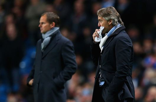  MANCHESTER, ENGLAND - NOVEMBER 06: Manchester City Manager Roberto Mancini looks on during the UEFA Champions League Group D match between Manchester City FC and Ajax Amsterdam at the Etihad Stadium on November 6, 2012 in Manchester, England. (Photo by Alex Livesey/Getty Images) 