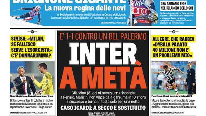 Prima Pagina, La Gazzetta dello Sport: &#8220;Inter a metà, 1-1 contro un bel Palermo. Gilardino (8° gol ai nerazzurri) risponde a Perisic&#8221; 