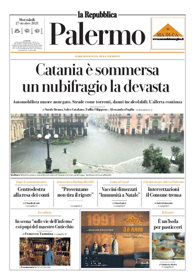Prima Pagina, La Repubblica-Palermo: “Catania è sommersa, un nubifragio la devasta” - immagine 1