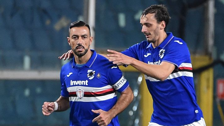 GENOA, ITALY - FEBRUARY 03: Fabio Quagliarella and Manolo Gabbiadini of UC Sampdoria celebrate after scoring their team's first goal during the Serie A match between UC Sampdoria and SSC Napoli at Stadio Luigi Ferraris on February 3, 2020 in Genoa, Italy. (Photo by Paolo Rattini/Getty Images) GENOA, ITALY - FEBRUARY 03: Fabio Quagliarella and Manolo Gabbiadini of UC Sampdoria celebrate after scoring their team's first goal during the Serie A match between UC Sampdoria and SSC Napoli at Stadio Luigi Ferraris on February 3, 2020 in Genoa, Italy. (Photo by Paolo Rattini/Getty Images)