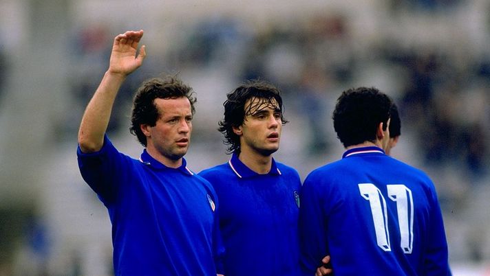 14 Feb 1987: Dossena and Giannini of Italy form a wall during the European Championship qualifying match against Portugal played in Lisbon, Portugal. Italy won the match 1-0. Mandatory Credit: Allsport UK /Allsport 14 Feb 1987: Dossena and Giannini of Italy form a wall during the European Championship qualifying match against Portugal played in Lisbon, Portugal. Italy won the match 1-0. Mandatory Credit: Allsport UK /Allsport